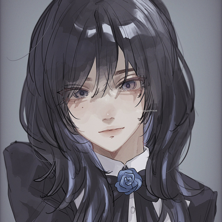 1girl ado_(utaite) aegyo_sal alternate_hairstyle black_bow black_bowtie black_coat black_hair blue_eyes blue_flower blue_hair blue_rose bow bowtie chando_(ado) closed_mouth cloud_nine_inc coat collared_shirt colored_inner_hair commentary_request dress_shirt flower flower_brooch grey_background hair_between_eyes highres long_hair looking_at_viewer mole mole_under_eye multicolored_hair open_clothes open_coat rose shadow shirt simple_background solo twitter_username two-tone_hair utaite white_shirt wolf_cut yurosuke