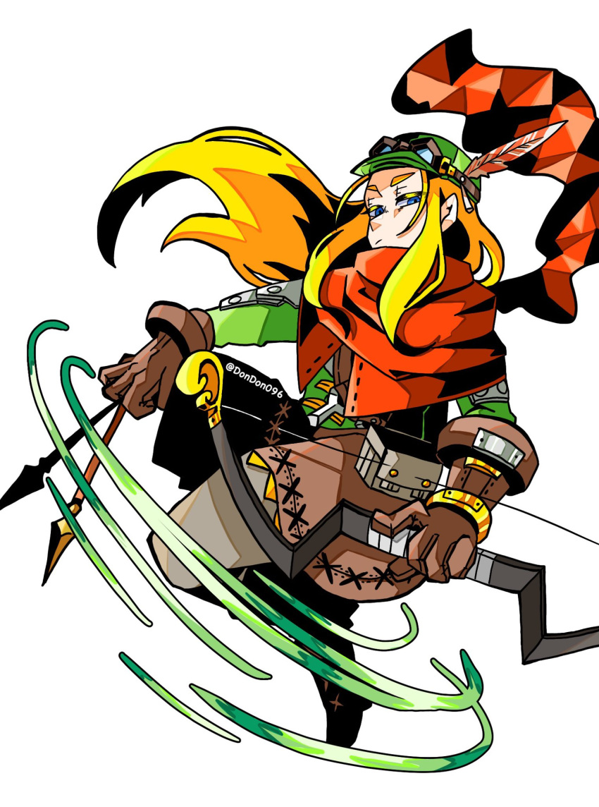 1boy arrow_(projectile) blonde_hair bow_(weapon) brown_gloves cape commentary diamond_(shape) dondon096 expressionless feathers fighting_stance forehead full_body gloves hair_flowing_over highres holding holding_arrow holding_bow_(weapon) holding_weapon long_hair looking_at_viewer looking_down male_focus ranger_(sekaiju) ranger_1_(sekaiju) red_scarf scarf sekaiju_no_meikyuu sekaiju_no_meikyuu_1 serious sidelocks simple_background solo thick_eyebrows weapon white_background