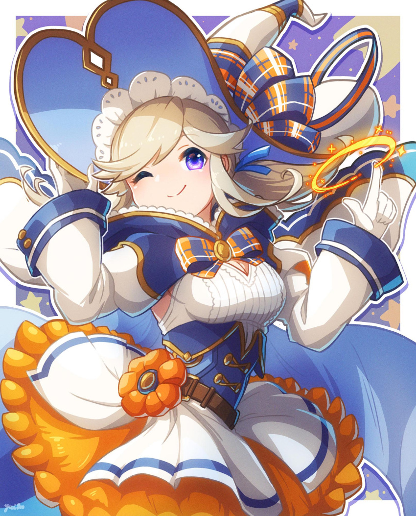 armpit_cutout cape clothing_cutout corset cucouroux_(granblue_fantasy) cucouroux_(halloween)_(granblue_fantasy) detached_sleeves gloves granblue_fantasy halloween hat highres hood hooded_cape large_hat official_alternate_costume one_eye_closed plaid plaid_ribbon ribbon smile twintails white_gloves white_hat witch_hat yuiko_(yuiyuiko_108)