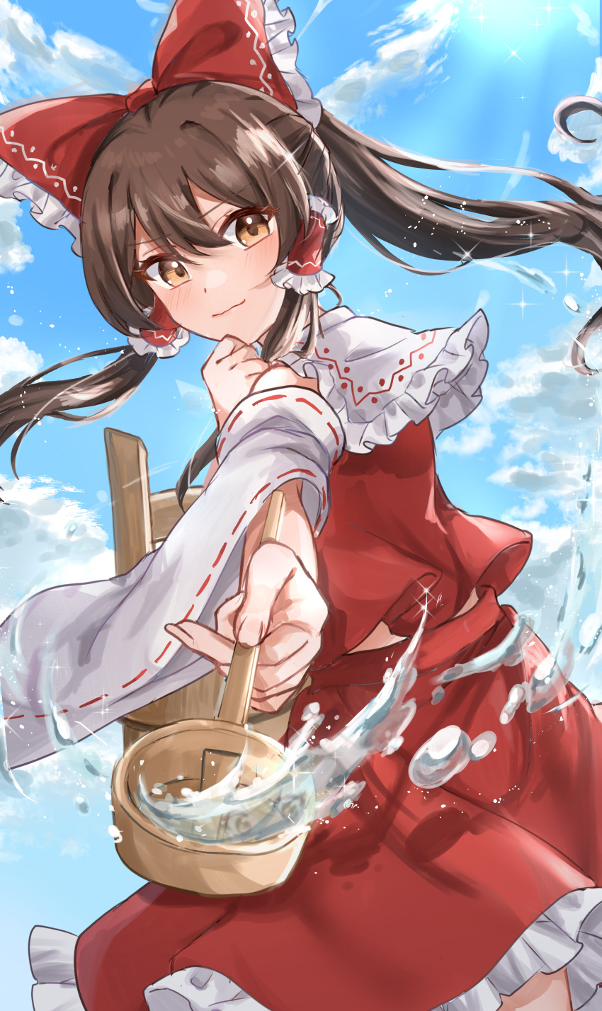 1girl absurdres blue_sky blush bow brown_eyes brown_hair closed_mouth clouds commentary_request day detached_sleeves frilled_bow frilled_hair_tubes frills hair_bow hair_tubes hakurei_reimu highres hishaku ikeyan0677 long_hair looking_at_viewer red_bow red_skirt ribbon-trimmed_sleeves ribbon_trim skirt skirt_set sky smile solo touhou water