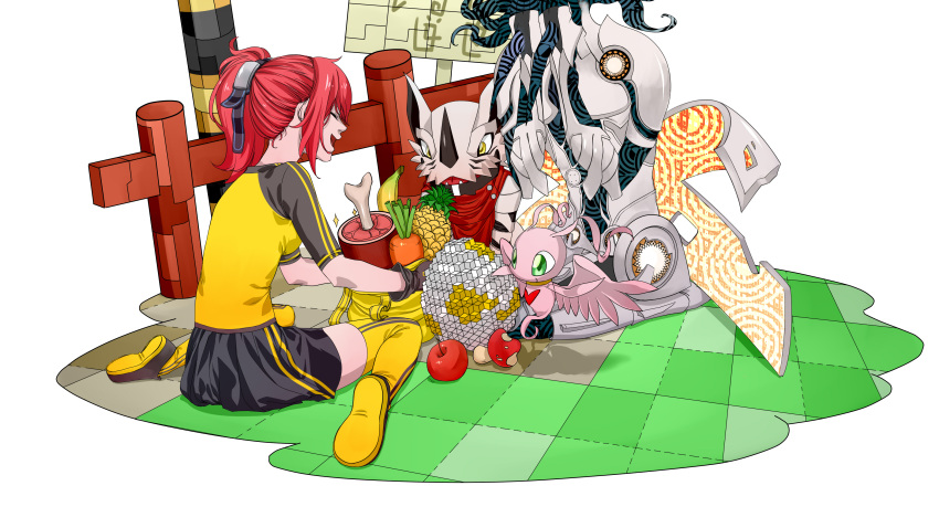 1girl 3others absurdres aiba_ami angel_wings apple armor banana bandai black_skirt black_sleeves blue_eyes blush boned_meat boots breasts cape carrot digimon digimon_(creature) digimon_story:_cyber_sleuth digitama eater_(digimon) eater_adam egg floating food fruit full_body gloves goggles goggles_on_head hackmon_(digimon) hair_ornament happy highres horns marinangemon meat miniskirt multiple_others neo_gra1x6 pineapple pleated_skirt ponytail raglan_sleeves red_apple redhead sanada_arata shirt side_ponytail sitting skirt smile t-shirt thigh-highs thigh_boots wariza wings yellow_eyes yellow_shirt yellow_thighhighs zettai_ryouiki