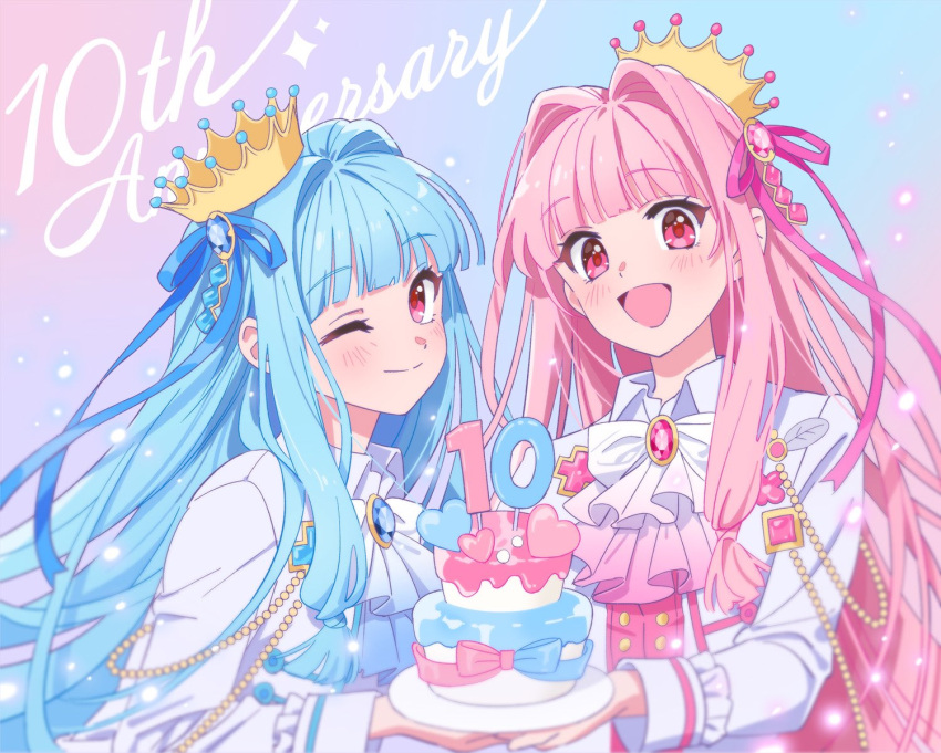 2girls :d anniversary ascot birthday_cake blue_ascot blue_hair blue_ribbon blunt_bangs blush brooch cake closed_mouth collared_shirt crown food gradient_ascot hair_intakes hair_ribbon highres holding holding_plate jacket jewelry kotonoha_akane kotonoha_aoi long_bangs long_hair long_sleeves looking_at_viewer moya_(toatomoot) multiple_girls one_eye_closed open_mouth pink_ascot pink_hair pink_ribbon plate red_eyes ribbon shirt siblings side-by-side sidelocks sisters sleeve_cuffs smile straight_hair suit_jacket upper_body voiceroid white_ascot