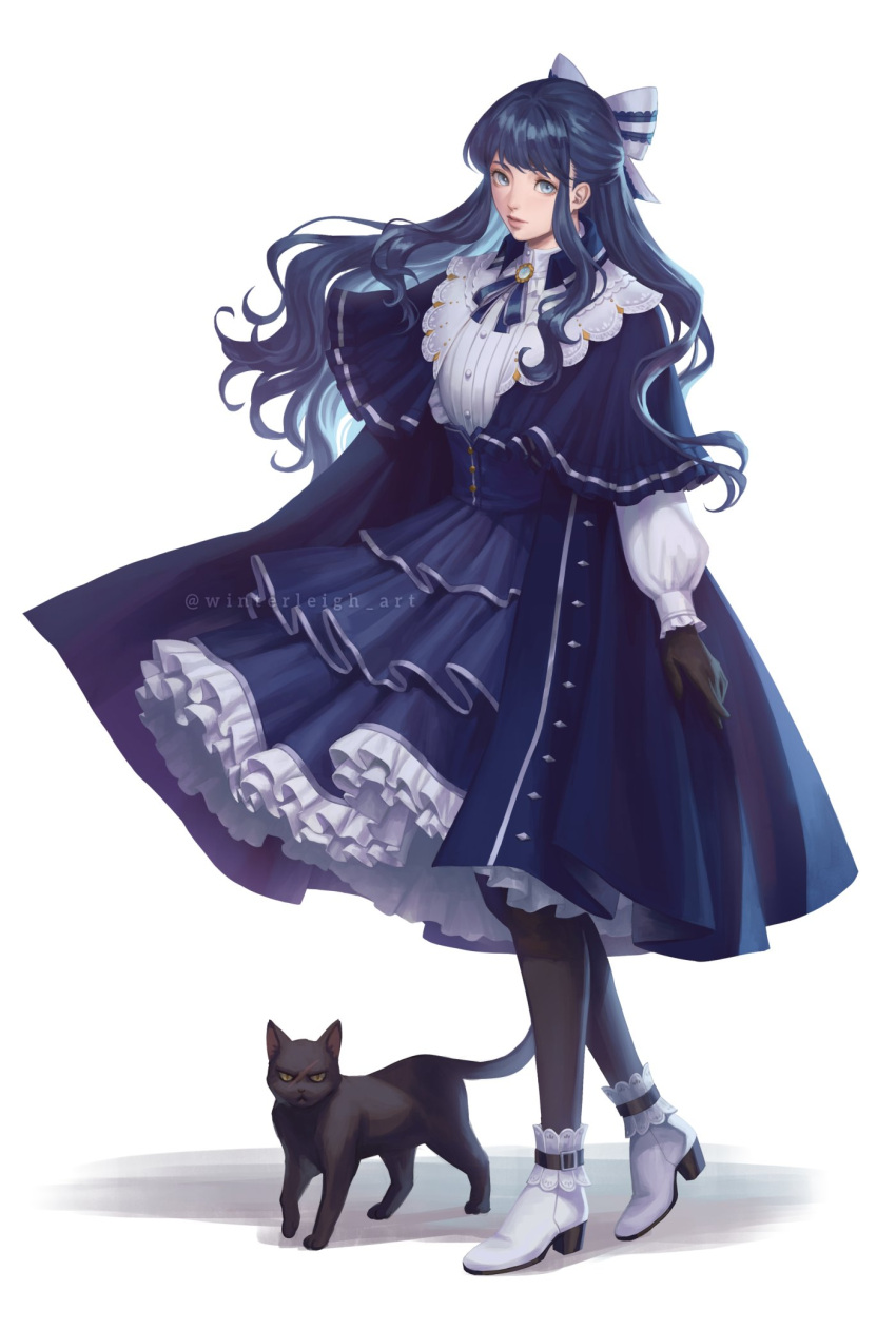 1girl animal artist_name black_cat black_gloves black_pantyhose blue_capelet blue_dress blue_eyes blue_hair bow capelet cat commentary dress english_commentary final_fantasy final_fantasy_xiv frills full_body gloves hair_bow highres long_hair long_sleeves looking_at_viewer pantyhose puffy_sleeves simple_background smile two-tone_bow two-tone_dress warrior_of_light_(ff14) white_background white_dress white_footwear winterleigh wynteria_lei