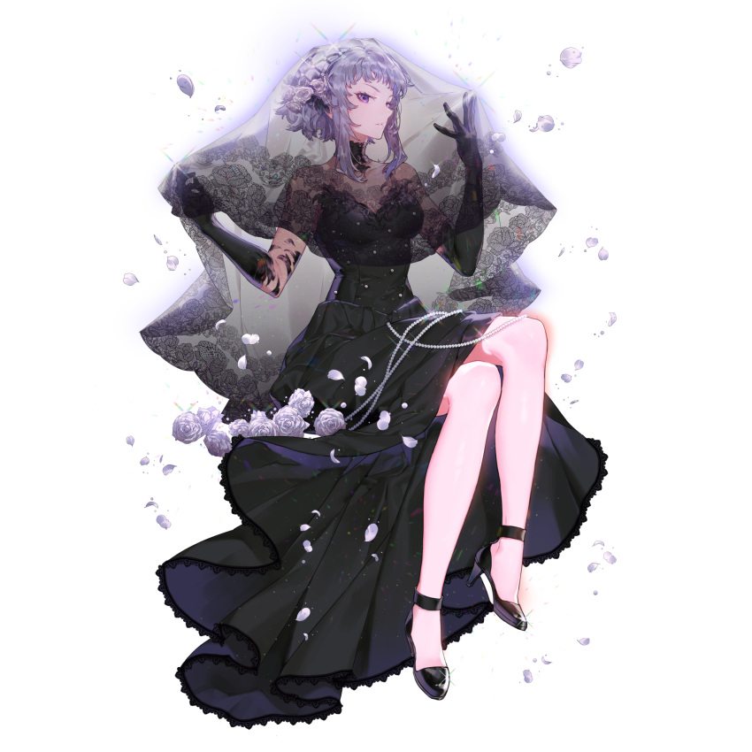 1girl artist_request beads black_collar black_dress black_gloves black_straps black_veil collar detached_collar dress elbow_gloves final_gear floating floating_object floral_print_veil flower full_body gloves grey_eyebrows grey_hair hair_flower hair_ornament high_heels highres lens_flare long_sidelocks looking_at_viewer no_socks official_art rose see-through_veil shoe_strap sidelocks simple_background solo tachi-e third-party_source transparent_background veil violet_eyes wedding_dress white_flower white_petals white_rose zero_(final_gear)
