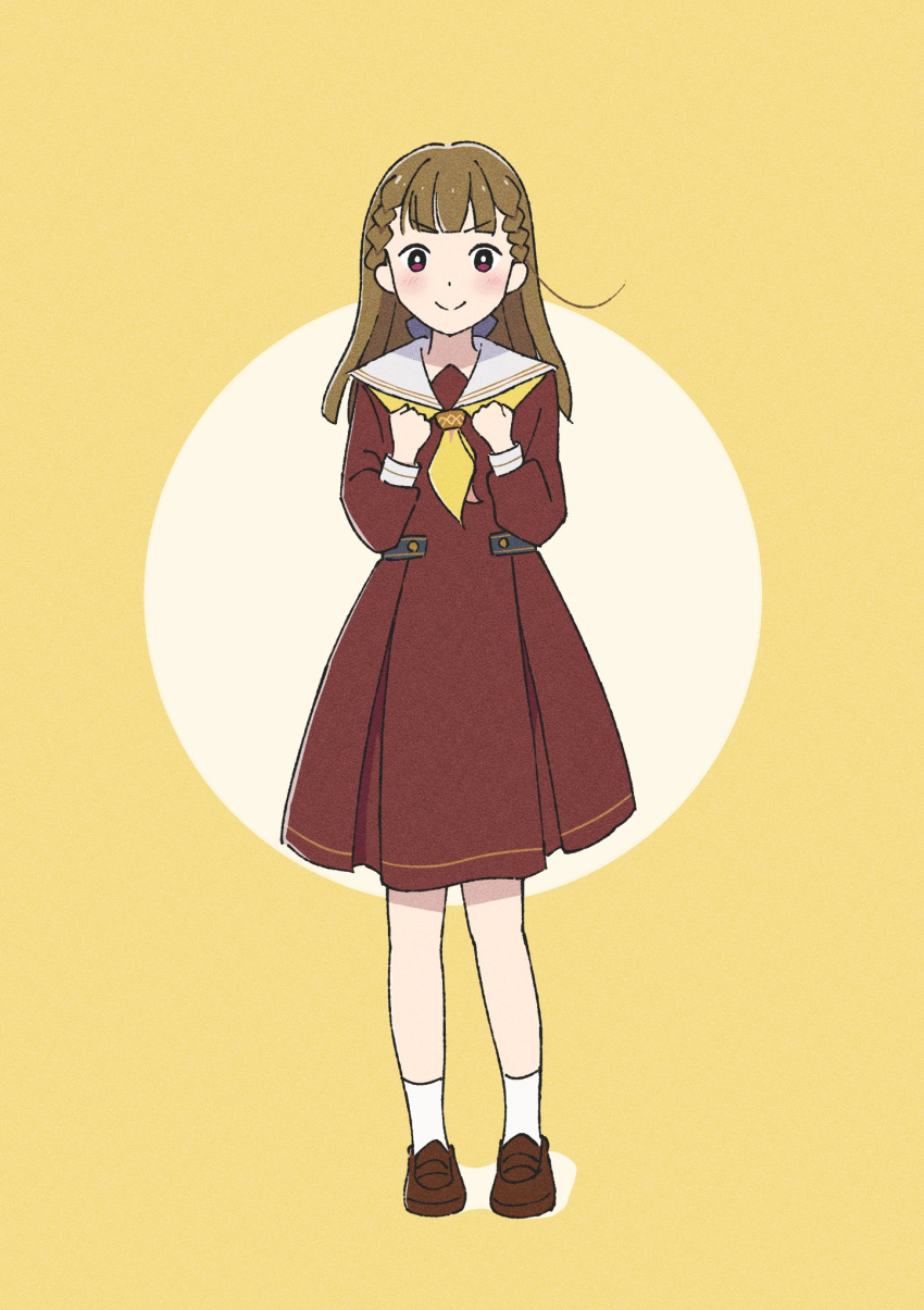1girl blunt_bangs blush bright_pupils brown_footwear brown_hair circle clenched_hands closed_mouth commentary_request full_body hasu_no_sora_school_uniform highres kachimachi_kosuzu kneehighs link!_like!_love_live! loafers long_sleeves looking_at_viewer love_live! medium_hair neckerchief sailor_collar school_uniform shoes smile socks solo standing tottsan v-shaped_eyebrows violet_eyes virtual_youtuber white_pupils white_sailor_collar white_socks winter_uniform yellow_neckerchief