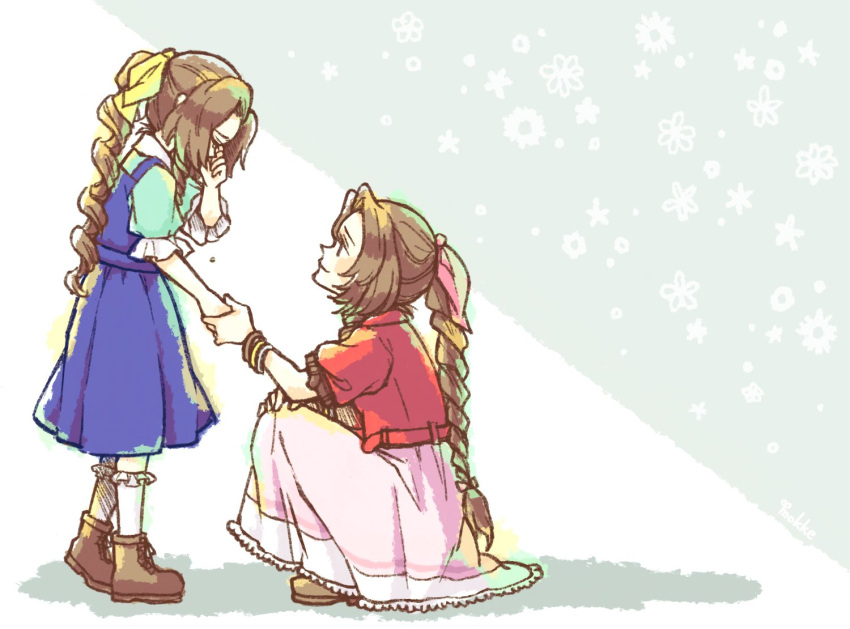 2girls aerith_gainsborough age_progression aged_down bangle blue_dress boots bracelet braid braided_ponytail brown_footwear brown_hair child collared_shirt cropped_jacket crying dress final_fantasy final_fantasy_vii final_fantasy_vii_rebirth final_fantasy_vii_remake frilled_socks frills full_body green_shirt hair_ribbon hand_on_own_face holding_hands jacket jewelry long_dress long_hair looking_at_another moke_mokke multiple_girls parted_bangs pink_dress pink_ribbon ponytail puffy_short_sleeves puffy_sleeves red_jacket ribbon shirt shirt_under_dress short_sleeves sidelocks single_braid socks squatting tears white_socks yellow_ribbon