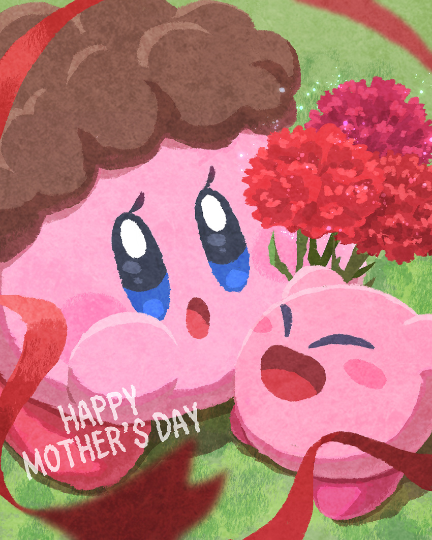 bouquet brown_hair closed_eyes flower happy_mother's_day highres holding holding_bouquet kirby kirby_(series) miclot mother's_day no_humans open_mouth red_ribbon ribbon