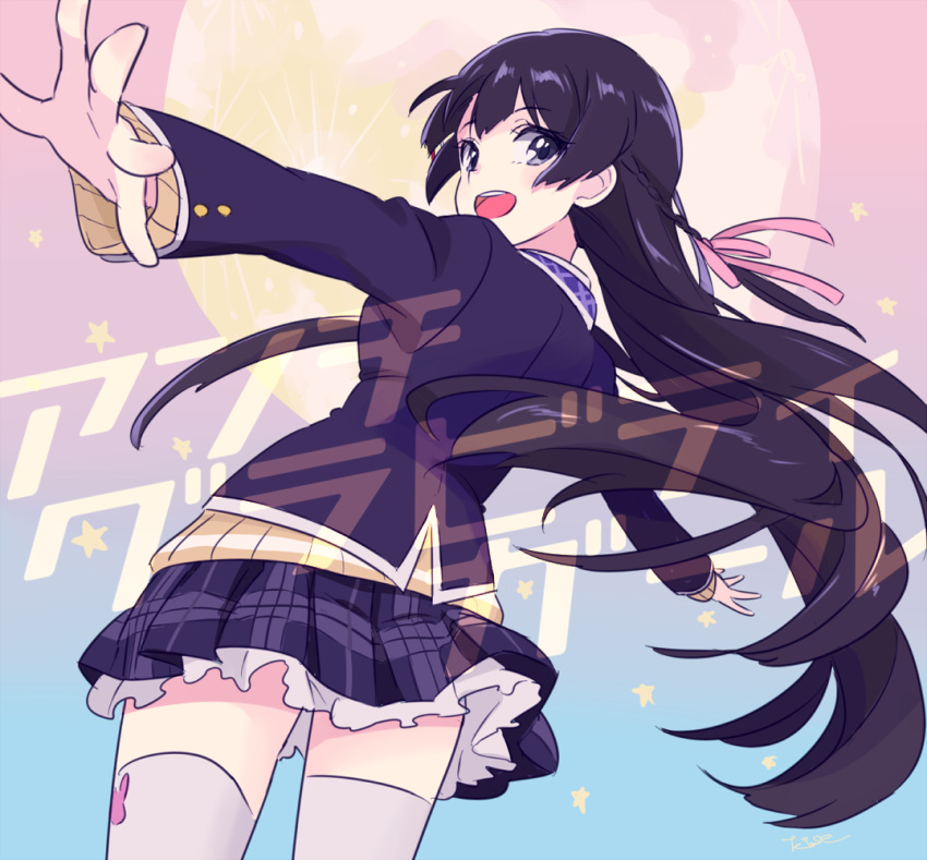 1girl :d black_hair black_jacket blazer braid from_behind gradient_background hair_ornament hair_ribbon jacket kise_(swimmt) long_hair long_sleeves looking_at_viewer looking_back nijisanji open_mouth outstretched_arms plaid plaid_skirt ribbon school_uniform skirt smile solo thigh-highs tsukino_mito tsukino_mito_(1st_costume) very_long_hair virtual_youtuber white_thighhighs