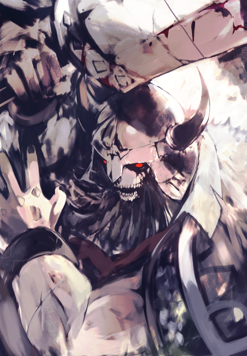1boy armor beard black_sclera blood blood_on_weapon colored_sclera ender_lilies_quietus_of_the_knights facial_hair fake_horns gerrod_the_elder_warrior glowing glowing_eyes helmet highres holding holding_weapon horned_helmet horns kakuwashi male_focus muscular muscular_male open_mouth red_eyes sketch solo teeth weapon