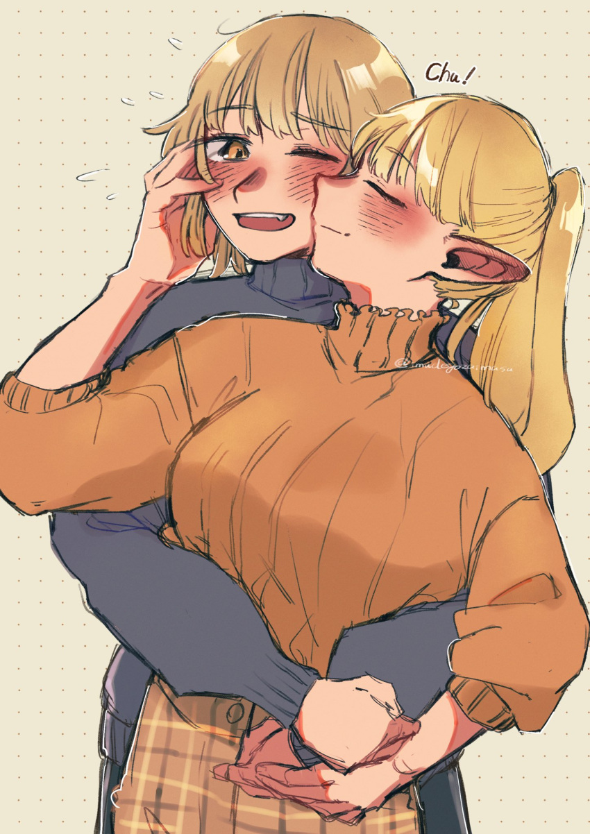 2girls blonde_hair blue_sweater blush brown_hair brown_skirt closed_eyes closed_mouth commentary_request dungeon_meshi elf falin_touden falin_touden_(tallman) fang flying_sweatdrops grey_background hand_on_another's_face hands_on_another's_waist highres holding_hands hug hug_from_behind imudegozaimasu kiss kissing_cheek long_sleeves marcille_donato multiple_girls one_eye_closed open_mouth orange_eyes orange_shirt plaid plaid_skirt pointy_ears ponytail shirt short_hair skirt smile sweater yuri