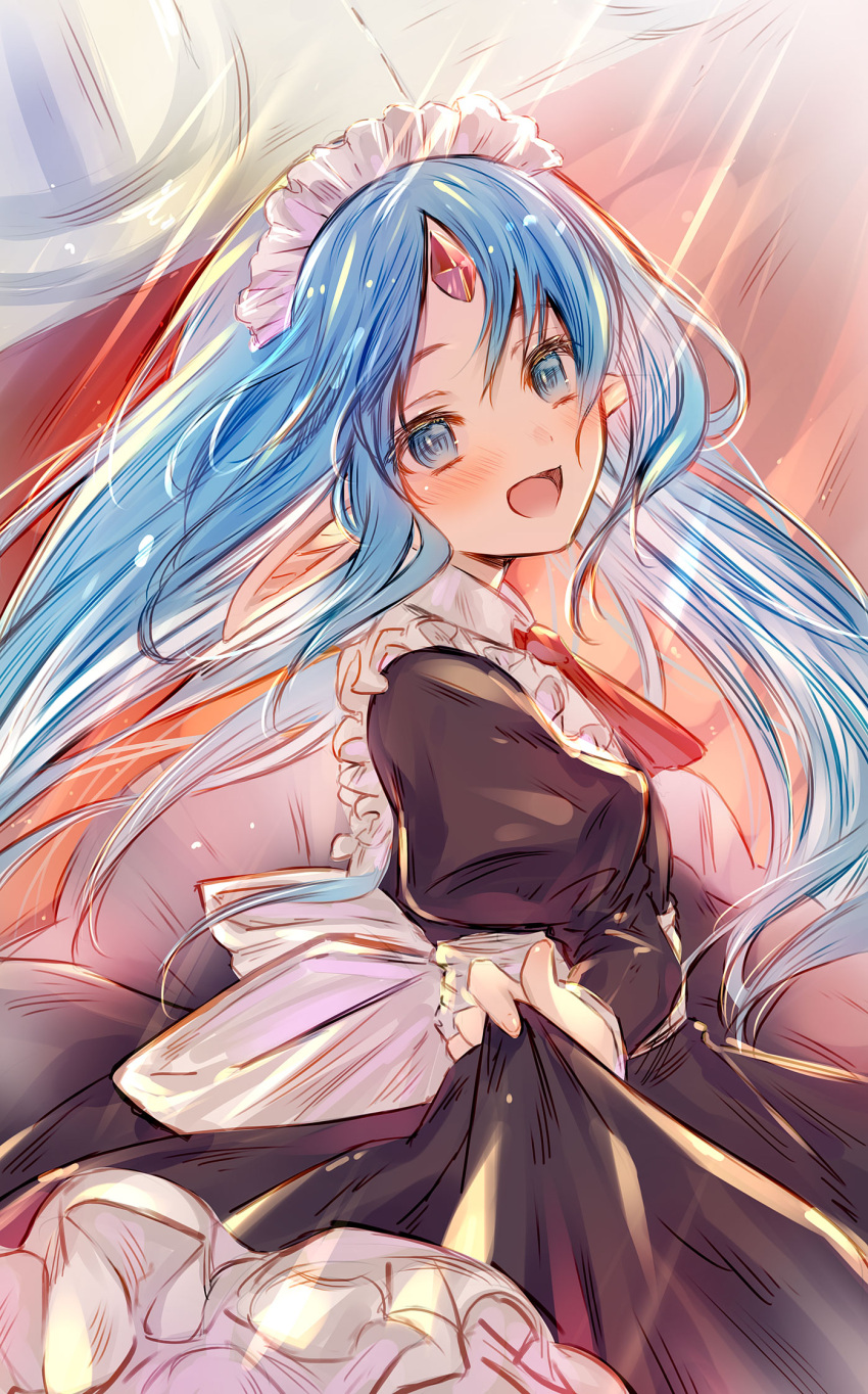 1girl :d black_dress blue_eyes blue_hair blush commission dainatsu dress forehead_jewel gem highres light_blue_hair long_sleeves looking_at_viewer maid_headdress necktie pixiv_commission pointy_ears puffy_long_sleeves puffy_sleeves rance_(series) red_gemstone red_necktie reset_kalar skirt_hold smile solo