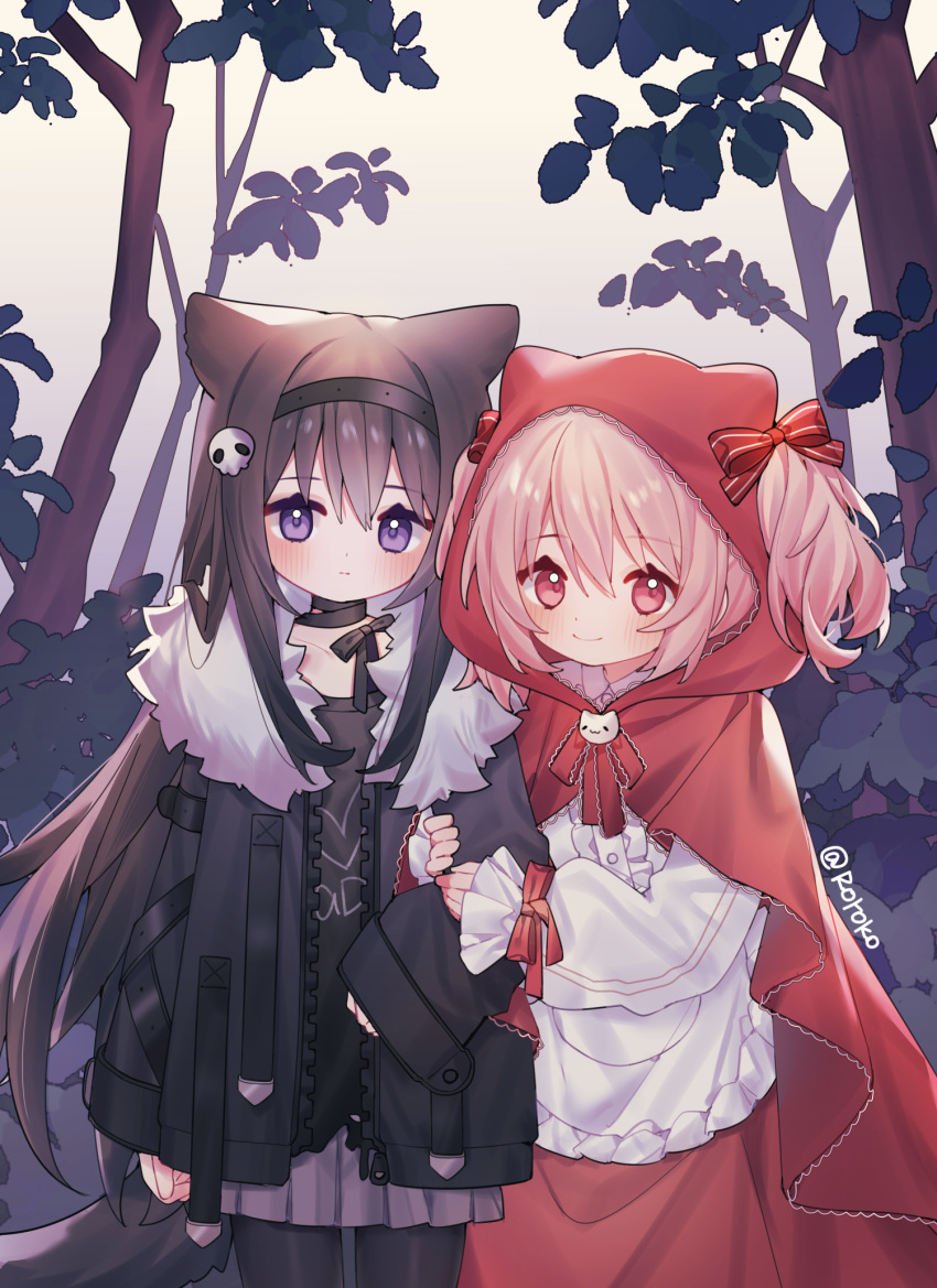 2girls akemi_homura alternate_costume animal_ears apron arm_at_side arm_grab artist_name big_bad_wolf black_choker black_hair black_hairband black_jacket black_pantyhose bow chinese_commentary choker cloak collarbone commentary_request cosplay cowboy_shot expressionless forest frilled_apron frilled_sleeves frills fur-trimmed_jacket fur_trim hair_bow hair_ornament hair_through_headwear hairband hands_on_another's_arm highres hood hood_up hooded_cloak jacket kaname_madoka kemonomimi_mode light_blush little_red_riding_hood_(grimm) little_red_riding_hood_(grimm)_(cosplay) long_hair long_sleeves looking_at_viewer mahou_shoujo_madoka_magica mahou_shoujo_madoka_magica_(anime) multiple_girls nature neck_ribbon outdoors pantyhose pink_eyes pink_hair purple_skirt red_cloak red_ribbon ribbon roro_(lolo) short_hair short_twintails signature skirt skull_hair_ornament sleeves_past_wrists smile standing striped_bow tail tree twintails violet_eyes white_apron wolf_ears wolf_girl wolf_tail wrist_ribbon zipper