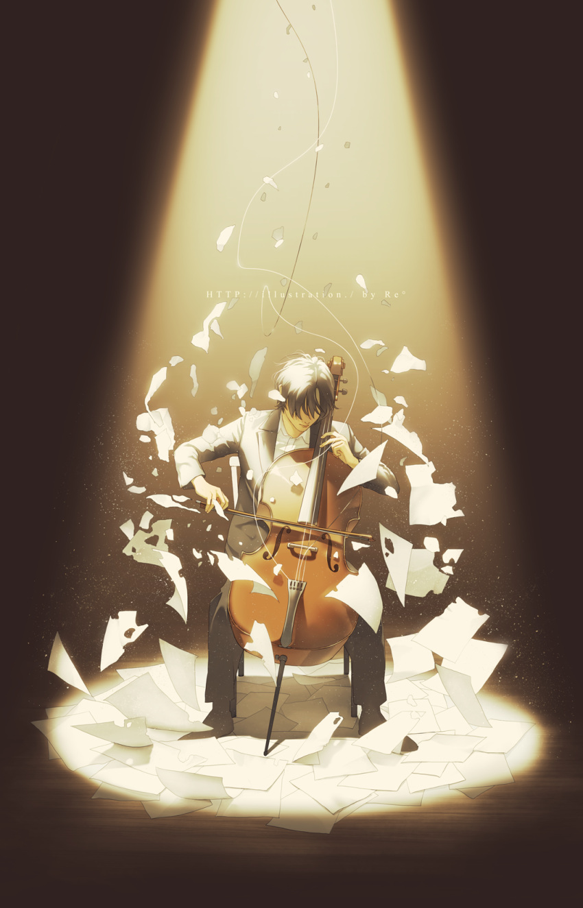 1boy black_hair black_pants bow_(music) cello chair closed_eyes flying_paper highres holding holding_instrument holding_violin instrument jacket long_sleeves male_focus music original pants paper playing_instrument rido_(ridograph) sheet_music shirt short_hair sitting solo spotlight violin white_jacket white_shirt