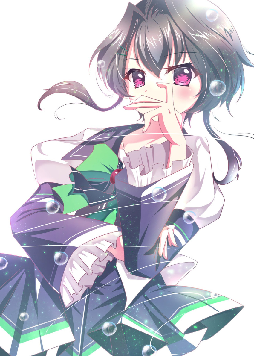 1girl 9-nine- black_hair black_skirt blush bow chuunibyou commentary covered_mouth cowboy_shot eyelashes floating_hair frilled_sleeves frills green_bow hair_between_eyes hair_intakes hair_ornament hairclip hand_to_own_mouth hand_up highres juliet_sleeves light_particles long_sleeves looking_at_viewer pleated_skirt puffy_sleeves red_eyes school_uniform short_hair_with_long_locks simple_background skirt soap_bubbles solo sukonbu385 white_background wide_sleeves yuuki_noa