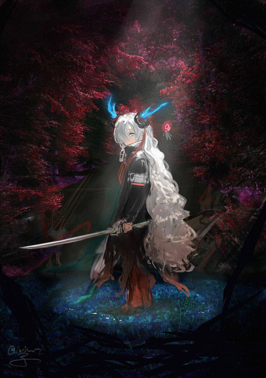 1girl adapted_costume antlers black_coat blue_eyes blue_flower boots coat expressionless familiar field flower flower_field foliage from_side full_body glowing_horns grey_hair hair_ornament hair_over_one_eye high_collar highres holding holding_sword holding_weapon horns isekai_joucho isshiki_(ffmania7) kamitsubaki_studio light long_hair long_sleeves looking_to_the_side multicolored_hair one_eye_covered outdoors red_footwear redhead solo streaked_hair sword very_long_hair virtual_youtuber weapon zipper_pull_tab