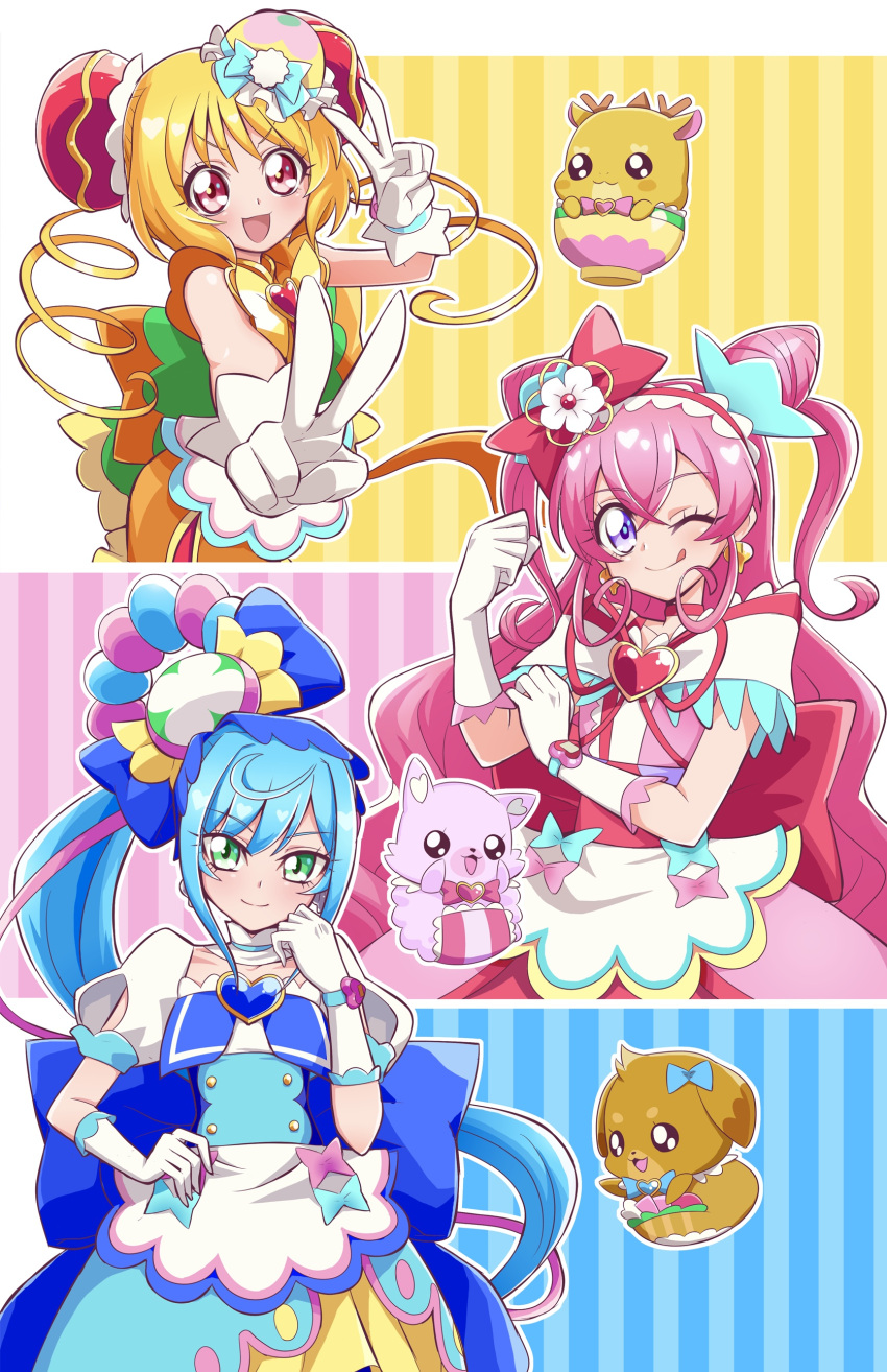 ;q absurdres ascot back_bow blonde_hair blue_ascot blue_bow blue_dress blue_hair bow bowtie brooch bun_cover china_dress chinese_clothes choker clenched_hand closed_mouth commentary_request cure_precious cure_spicy cure_yum-yum delicious_party_precure double_v dress earrings frilled_hairband frills fuwa_kokone gloves green_eyes hair_bow hair_bun hairband hanamichi_ran hand_on_own_arm hand_on_own_hip heart heart_brooch highres huge_bow jewelry long_hair looking_at_viewer magical_girl multicolored_hair nagomi_yui neck_ribbon one_eye_closed open_mouth orange_bow orange_dress partial_commentary pink_dress pink_hair precure puffy_short_sleeves puffy_sleeves red_bow red_choker red_eyes red_ribbon ribbon rope short_hair short_sleeves side_ponytail sleeveless sleeveless_dress smile standing streaked_hair tongue tongue_out triple_bun two_side_up usoco v very_long_hair violet_eyes white_gloves yellow_bow yellow_bowtie