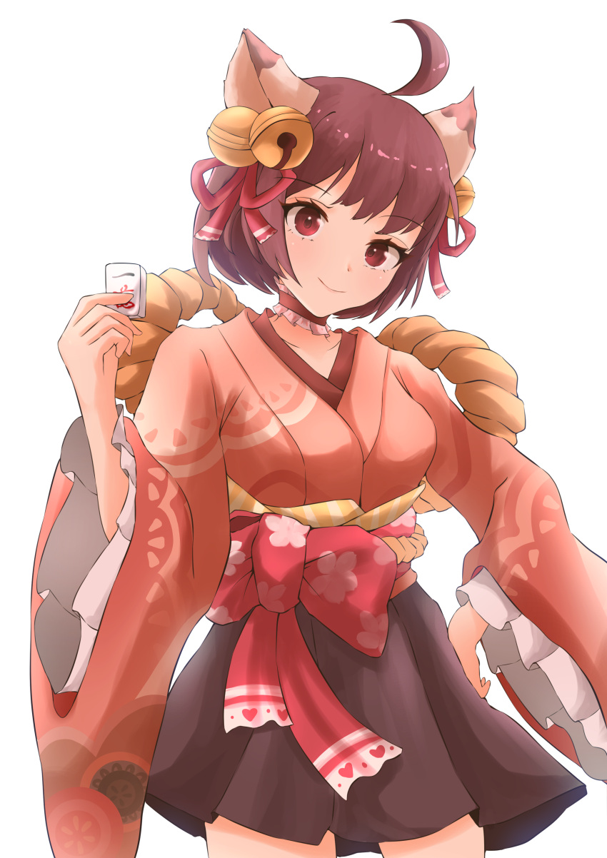 1girl absurdres ahoge animal_ears b1ack_illust bell blush breasts brown_hair brown_skirt cape cat_ears cat_girl choker closed_mouth commentary_request cowboy_shot frilled_choker frilled_sleeves frills hair_bell hair_ornament hair_ribbon head_tilt highres holding holding_mahjong_tile ichihime japanese_clothes jingle_bell kimono long_sleeves looking_at_viewer mahjong_soul mahjong_tile medium_bangs pink_kimono red_cape red_eyes red_ribbon ribbon short_hair simple_background skirt small_breasts smile solo white_background wide_sleeves