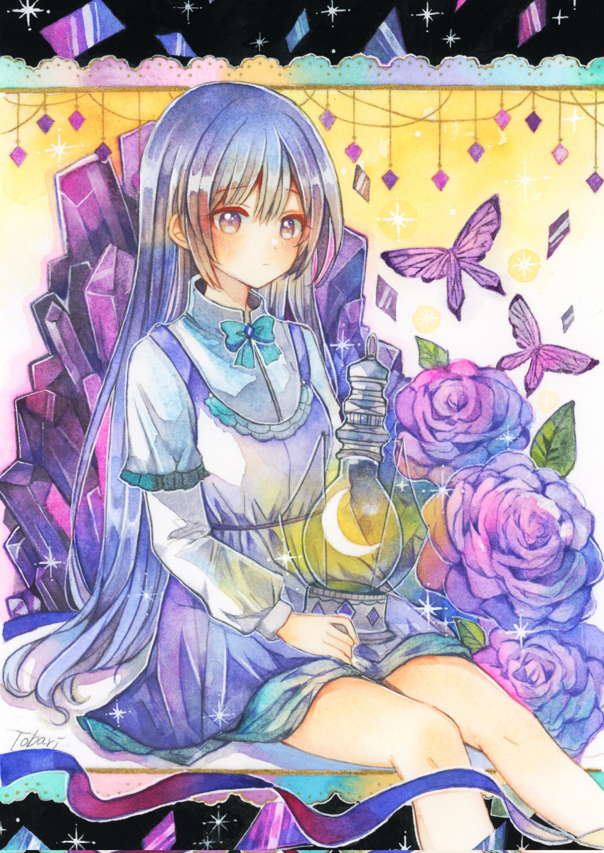 1girl blue_bow blue_hair blush bottle bow bowtie bug butterfly closed_mouth crescent crystal dress feet_out_of_frame flower gem highres long_hair long_sleeves looking_at_viewer original painting_(medium) purple_butterfly purple_flower purple_rose rose shioconbu shirt sitting solo traditional_media violet_eyes watercolor_(medium) white_shirt