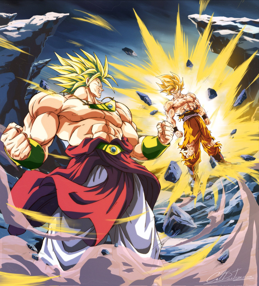 abs aura battle_damage blonde_hair blue_sash blue_shirt boots broly_(dragon_ball_z) catdestroyer clenched_hands clenched_teeth corrupted_twitter_file debris dougi dragon_ball dragon_ball_z earrings green_hair highres injury jewelry legendary_super_saiyan looking_at_another medium_hair muscular muscular_male no_pupils orange_pants orange_shirt pants red_eyes sash serious shirt sign son_goku spiky_hair standing super_saiyan teeth torn_clothes torn_pants torn_shirt white_pants