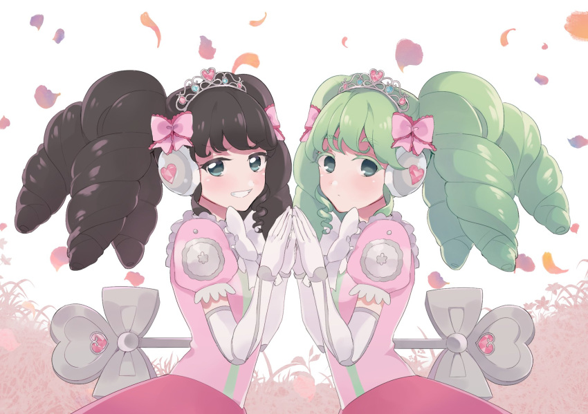 2girls bad_id bad_twitter_id bow closed_mouth colored_eyelashes cowboy_shot dress elbow_gloves falulu from_side gaaruru_(pripara) gloves green_hair grey_eyes hair_bow hands_up headphones highres idol_clothes inactive_account long_hair looking_at_viewer multiple_girls open_mouth petals pink_dress pretty_series pripara puffy_short_sleeves puffy_sleeves shiyurinpu short_sleeves sidelocks smile standing symmetrical_pose tiara twintails white_gloves winding_key