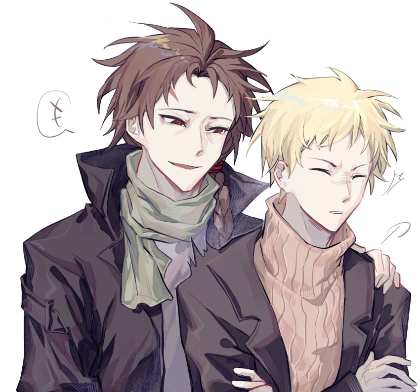 +++ 2boys ^^^ atou_haruki black_jacket blonde_hair braid brown_sweater commentary_request crossed_arms father_and_son green_scarf grey_shirt hand_on_another's_shoulder harada_minoru highres jacket long_sleeves male_focus multiple_boys open_clothes open_jacket open_mouth red_eyes ribbed_sweater saibou_shinkyoku sanbai3001111 scar scar_on_face scar_on_forehead scarf shirt short_hair side_braid simple_background single_braid smile spoken_+++ sweater turtleneck turtleneck_sweater white_background