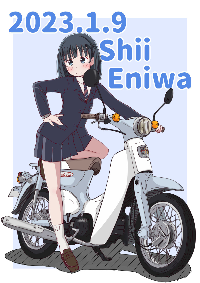 1girl absurdres blazer blue_background blue_eyes blue_hair blue_jacket blue_skirt blunt_bangs bob_cut brown_footwear character_name closed_mouth commentary dated diagonal-striped_clothes diagonal-striped_necktie dress_shirt eniwa_shii hand_on_own_hip highres honda_super_cub jacket knee_up loafers long_sleeves looking_at_viewer medium_hair miniskirt mole mole_under_eye motor_vehicle motorcycle necktie on_motorcycle pleated_skirt school_uniform shadow shirt shoes sin_rg skirt smile socks solo standing striped_clothes super_cub white_shirt white_socks wing_collar