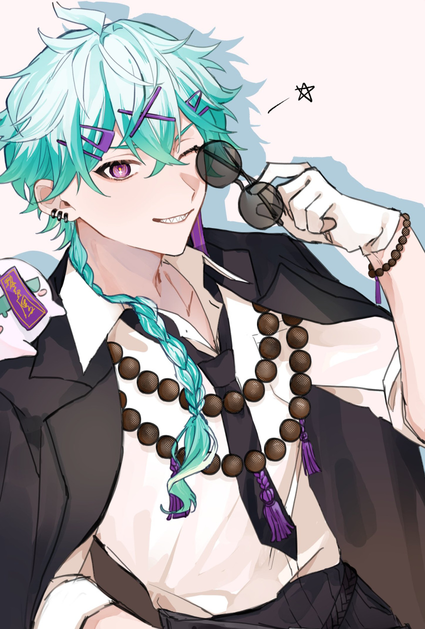 16_taiji 1boy beads black_necktie bracelet braid character_request commentary_request copyright_request drop_shadow earrings gloves hair_over_shoulder highres jewelry long_hair male_focus necktie one_eye_closed original pentagram sharp_teeth single_braid solo sunglasses teeth violet_eyes white_gloves