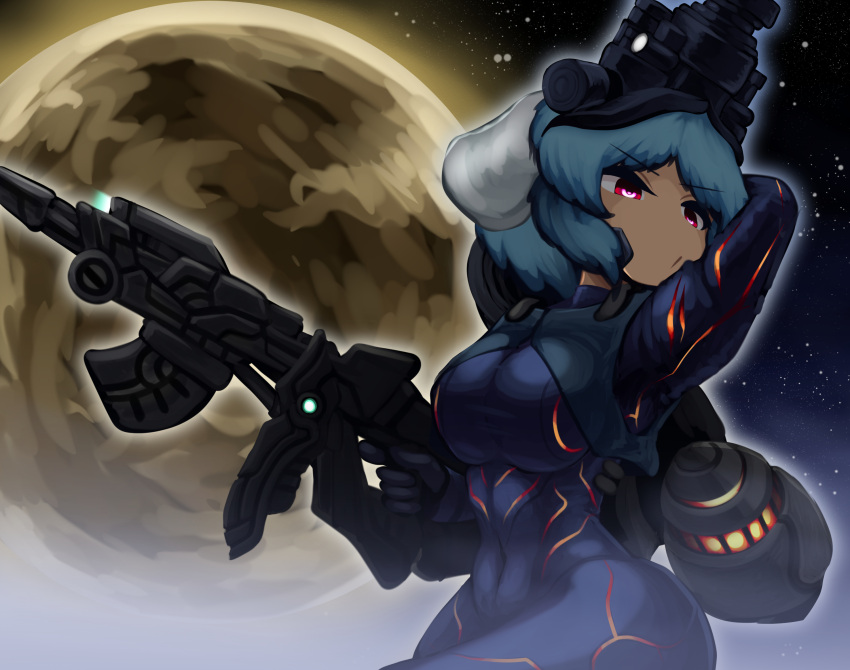 1094akagakati 1girl alternate_costume animal_ears arm_up armor assault_rifle black_jumpsuit blue_hair breasts covered_navel curvy floppy_ears full_moon glowing gun highres jetpack jumpsuit large_breasts moon muscular muscular_female night_vision_device power_armor rabbit_ears red_eyes reisen_(touhou_bougetsushou) rifle serious short_hair sky solo star_(sky) starry_sky touhou weapon wide_hips