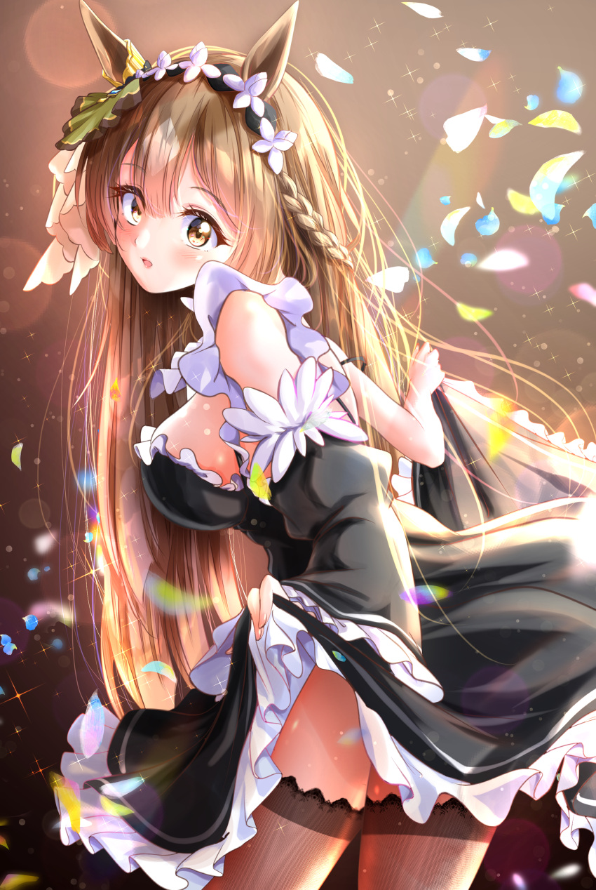1girl absurdres alternate_costume animal_ears blurry blurry_background blush braid breasts brown_background commentary_request enmaided highres horse_ears horse_girl kakikakilemon large_breasts long_hair looking_at_viewer maid open_mouth petals satono_diamond_(umamusume) simple_background solo sparkle thigh-highs umamusume