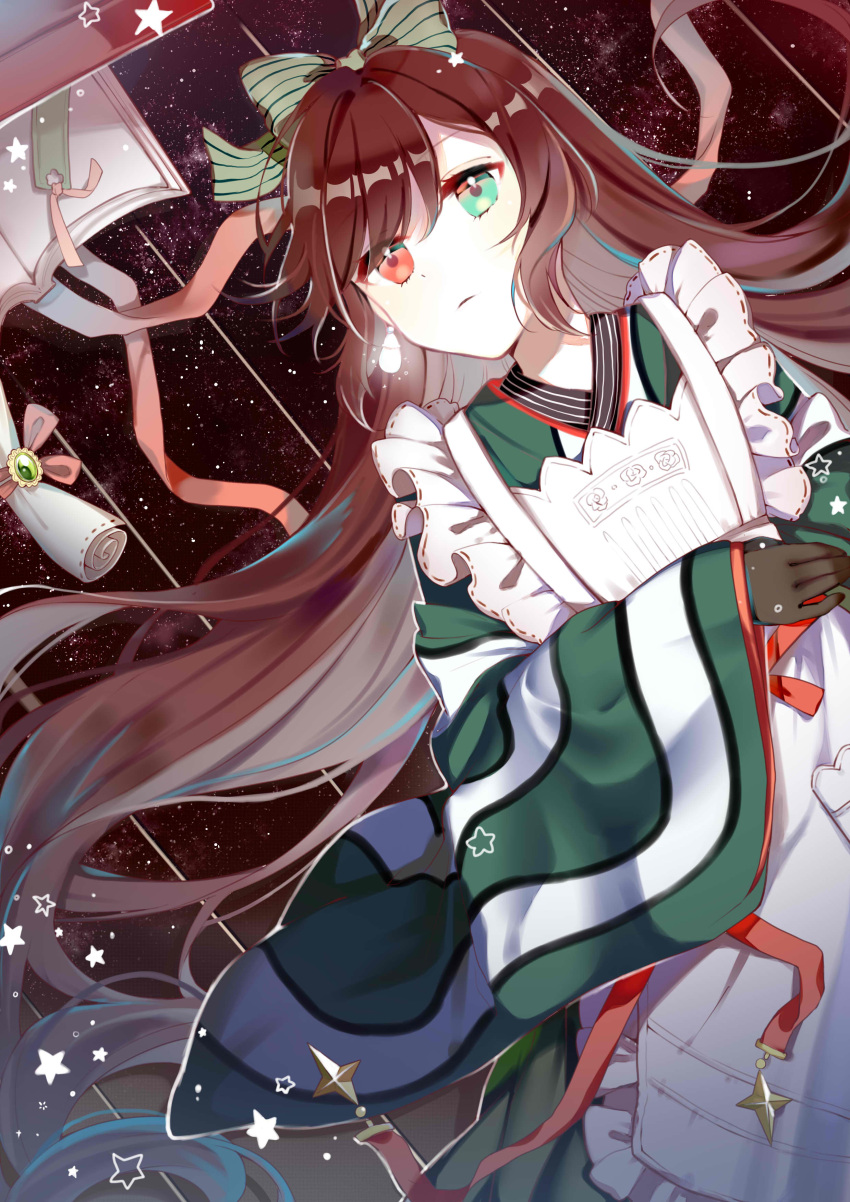 1girl absurdres apron black_gloves book bow brown_hair closed_mouth commentary_request cowboy_shot expressionless frilled_apron frills gloves green_bow green_eyes green_kimono hair_bow heterochromia highres japanese_clothes kakami_(pixiv7616827) kimono long_hair looking_at_viewer lying medium_bangs on_back open_book red_eyes rozen_maiden scroll solo striped_clothes striped_kimono suiseiseki taishou very_long_hair white_apron white_kimono wide_sleeves