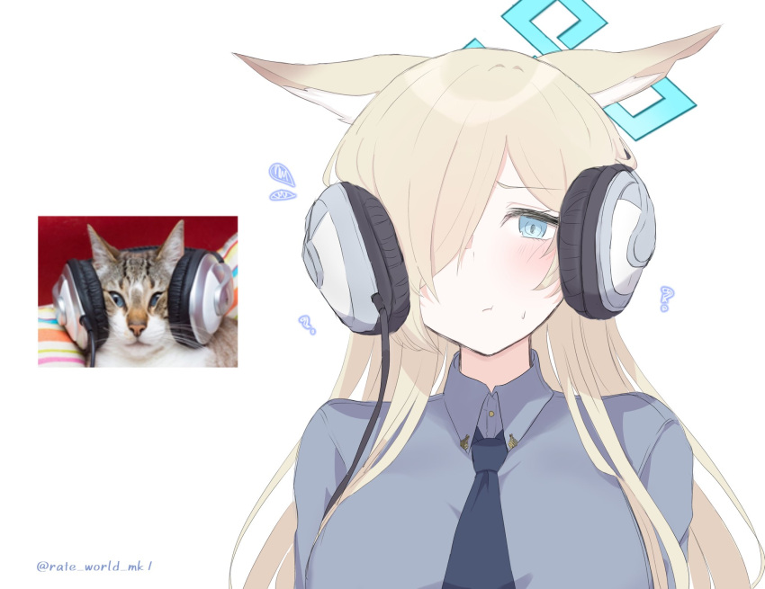 1girl :t ? animal_ears blonde_hair blue_archive blue_eyes blue_halo blue_necktie blue_shirt blush breasts closed_mouth collared_shirt commentary_request dog_ears flying_sweatdrops hair_over_one_eye halo headphone_cat_(meme) headphones highres implied_extra_ears kanna_(blue_archive) large_breasts long_hair meme necktie photo_inset rate_world_mk1 reference_inset shirt simple_background solo twitter_username white_background