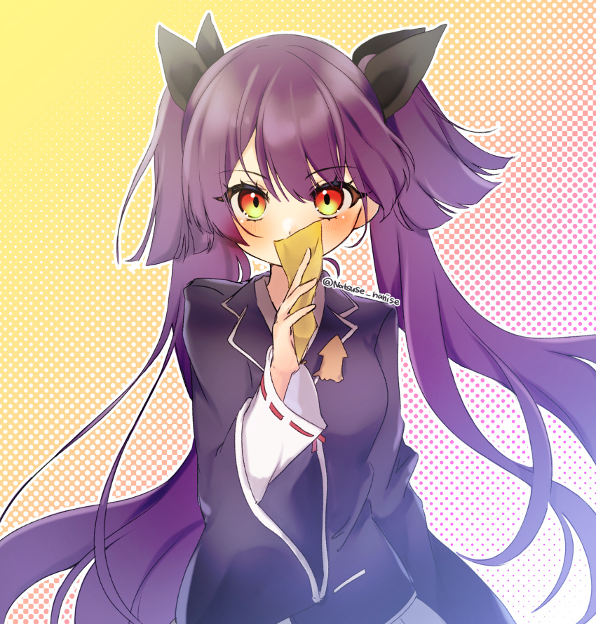 1girl arm_at_side artist_name black_jacket black_ribbon blazer blush commentary_request covering_own_mouth gradient_background gradient_eyes hair_ribbon highres holding holding_paper jacket long_hair looking_at_viewer multicolored_eyes natsuse_nanise nekoashi_tsubomi outline paper pleated_skirt polka_dot polka_dot_background purple_hair red_eyes ribbon school_uniform skirt solo straight-on twintails two-tone_eyes two_side_up upper_body very_long_hair watermark white_outline white_skirt wide_sleeves world_dai_star yellow_eyes