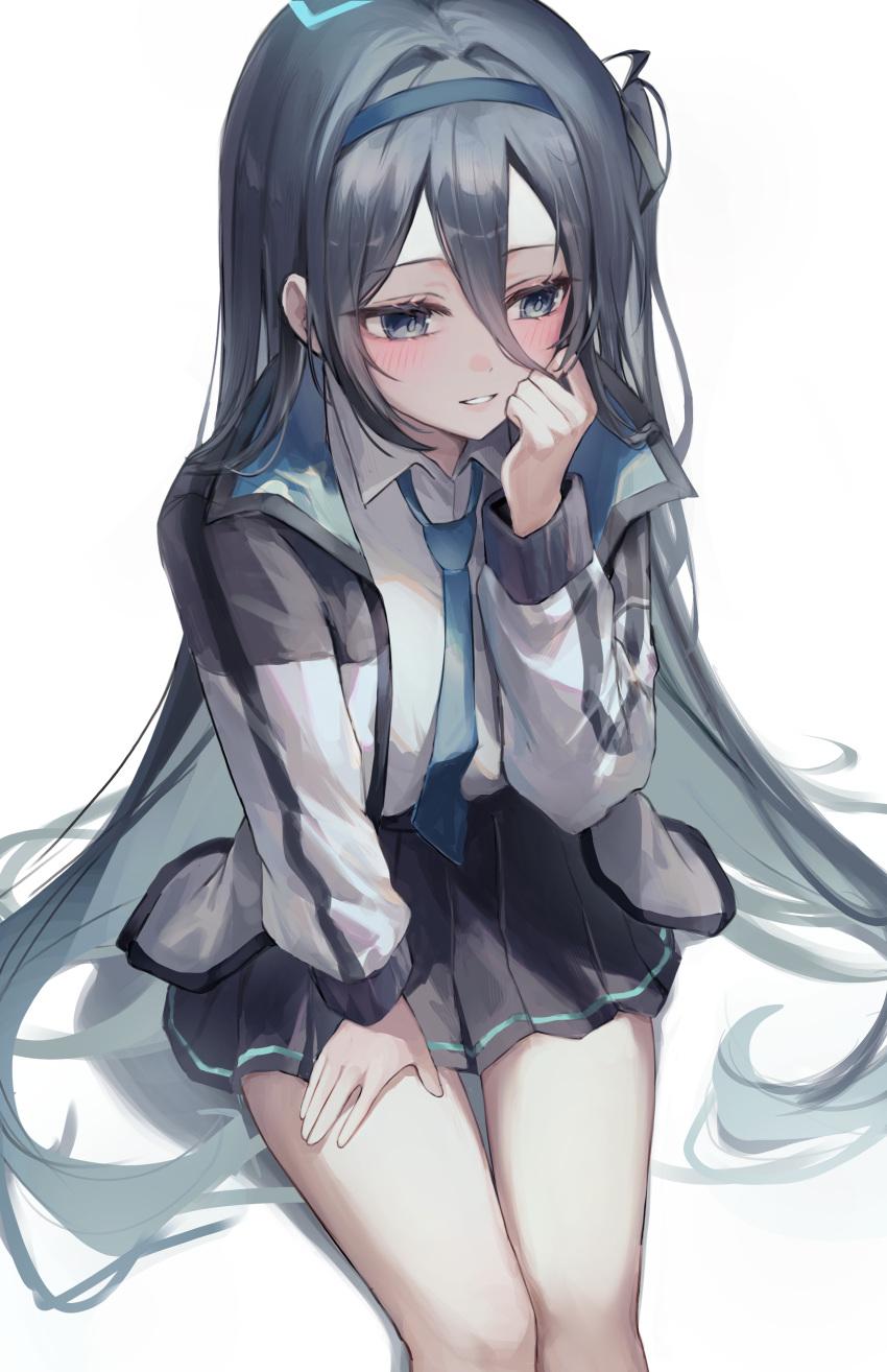 1girl absurdly_long_hair absurdres aris_(blue_archive) black_hair black_hairband black_skirt blue_archive blue_eyes blue_halo blue_necktie blush chabi collared_shirt feet_out_of_frame hair_between_eyes hairband halo highres jacket long_hair long_sleeves necktie one_side_up open_clothes open_jacket open_mouth pleated_skirt shirt simple_background skirt solo very_long_hair white_background white_jacket white_shirt