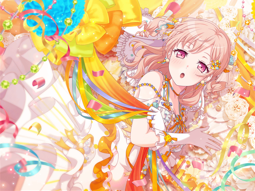1girl :o bang_dream! bead_necklace beads bridal_veil choker confetti dress dutch_angle earrings frilled_dress frills gloves hair_ornament hairclip half-closed_eyes hiromachi_nanami jewelry lace necklace official_art open_mouth pink_eyes pink_hair polka_dot_headwear pom_pom_(clothes) pom_pom_earrings ribbon ringlets solo streamers third-party_source two_side_up veil