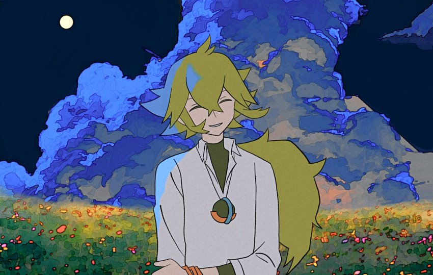 1boy ^_^ closed_eyes clouds cloudy_sky commentary facing_viewer field grass green_hair hair_between_eyes highres long_hair male_focus moon n_(pokemon) night outdoors pokemon pokemon_bw shirt sky smile solo standing white_shirt zero_(sleepy_meltan)