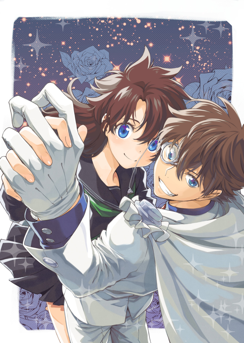 1boy 1girl blue_eyes blue_shirt borokouhek brown_hair buttons cape closed_mouth commentary_request couple floating_cape floating_clothes floating_hair flower from_above gloves grin hetero highres holding_hands kaitou_kid long_hair looking_at_viewer magic_kaito messy_hair monocle monocle_chain nakamori_aoko pants rose sailor_collar sailor_shirt school_uniform shirt short_hair smile sparkle suit white_cape white_gloves white_pants