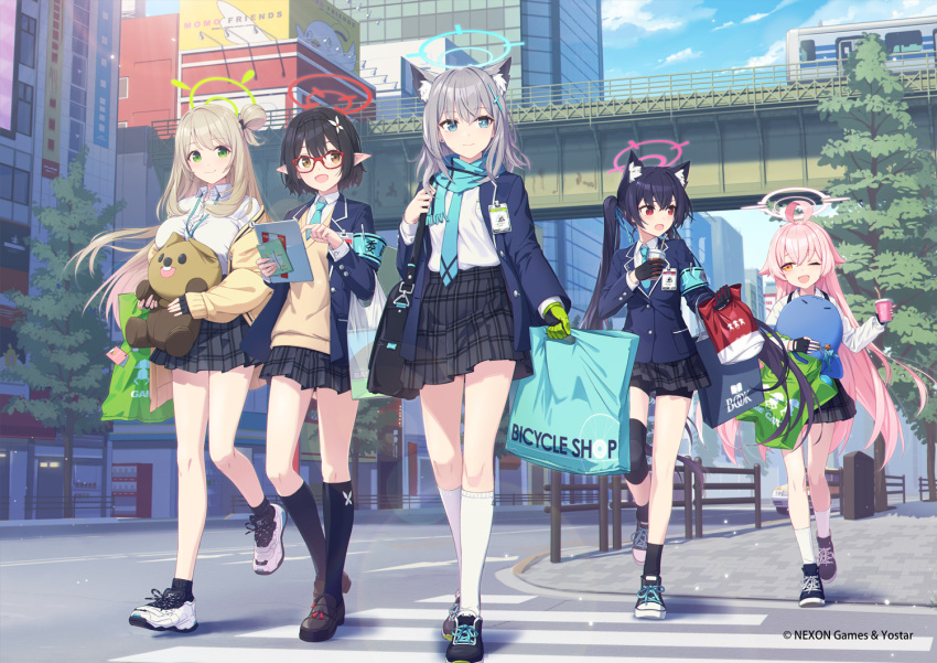5girls ahoge akihabara_(tokyo) animal_ears ayane_(blue_archive) azumi_akitake bag black_footwear black_gloves black_hair black_shorts black_skirt black_socks blue_archive blue_eyes blue_jacket blue_ribbon blue_scarf cat_ears closed_mouth clouds collar collared_shirt cross-laced_footwear cross_hair_ornament day fingerless_gloves floating_hair foreclosure_task_force_(blue_archive) full_body glasses gloves green_eyes green_gloves grey_hair hair_bun hair_ornament hair_ribbon halo holding holding_bag hoshino_(blue_archive) jacket knee_pads kneehighs light_brown_hair loafers long_hair long_sleeves looking_at_another medium_hair mismatched_pupils multiple_girls nonomi_(blue_archive) official_art one_eye_closed open_clothes open_jacket open_mouth outdoors pink_hair plaid plaid_skirt pleated_skirt pointy_ears real_world_location red-framed_eyewear red_eyes red_gloves ribbon scarf school_uniform serika_(blue_archive) shiroko_(blue_archive) shirt shoes short_hair shorts shorts_under_skirt single_glove single_hair_bun skirt sky smile socks stuffed_toy tokyo_(city) twintails two-tone_gloves walking white_collar white_footwear white_shirt white_socks wolf_ears yellow_eyes yellow_jacket