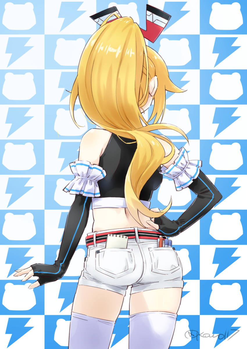 1girl absurdres arm_behind_back ass bare_shoulders belt black_gloves black_shirt blonde_hair checkered_background commentary_request commission cowboy_shot crop_top dengekiko elbow_gloves fingerless_gloves from_behind gloves hair_ornament hand_on_own_hip highres hip_focus kow_(kow0117) legs_apart long_hair midriff neptune_(series) notebook pixiv_commission ponytail red_belt shirt short_shorts shorts sleeveless sleeveless_shirt sofmap_background solo standing step_and_repeat striped_belt thigh-highs thighs very_long_hair white_shorts