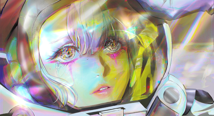1boy 1girl absurdres bojiang chromatic_aberration coat commentary covering_face crying crying_with_eyes_open cyberpunk_(series) cyberpunk_edgerunners david_martinez floating hand_up helmet highres light_rays lucy_(cyberpunk) on_moon parted_lips pink_lips procreate_(medium) reflection scene_reference solo_focus space_helmet spacesuit spoilers teardrop teardrop_facial_mark tears tears_from_one_eye white_hair yellow_coat yellow_eyes