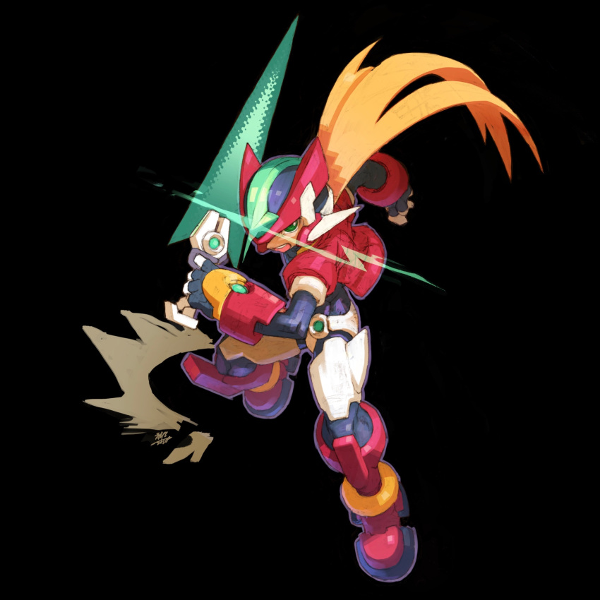 1boy armor black_background blonde_hair boots commentary_request cropped_jacket crotch_plate energy_sword forehead_jewel full_body glint glowing green_eyes highres hoketsu jacket long_hair looking_at_viewer male_focus mega_man_(series) mega_man_zx model_zx_(mega_man) open_clothes open_jacket open_mouth power_armor red_footwear red_jacket simple_background solo sword teeth upper_teeth_only vent_(mega_man) weapon