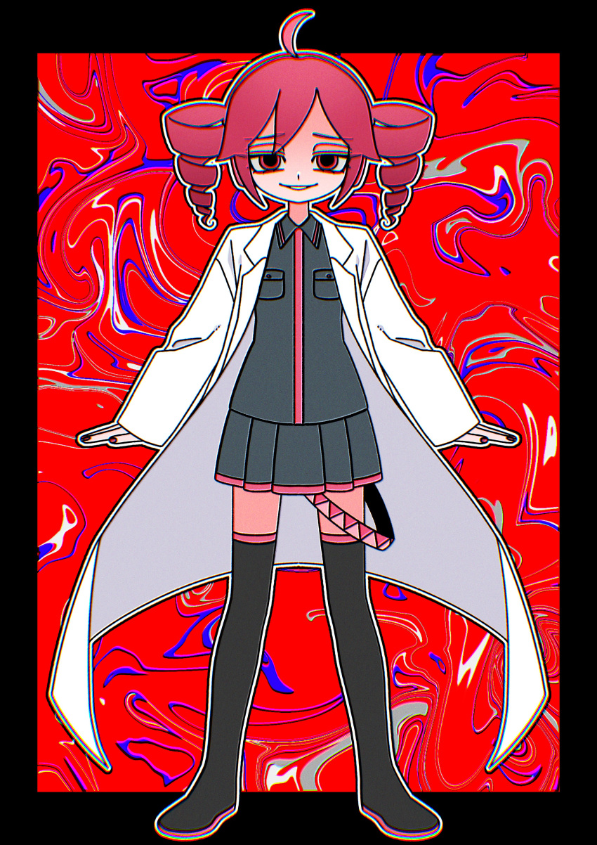 abstract_background absurdres arms_at_sides black_border black_footwear black_shirt black_skirt boots border chromatic_aberration coat collared_shirt distortion drill_hair full_body furrowed_brow grin half-closed_eyes headphones highres igaku_(utau) kasane_teto long_sleeves looking_at_viewer multicolored_background open_clothes open_coat outline outside_border pleated_skirt red_background red_eyes red_nails redhead shirt short_hair skirt smile standing straight-on tadano_tajima thigh_boots twin_drills utau white_outline zettai_ryouiki