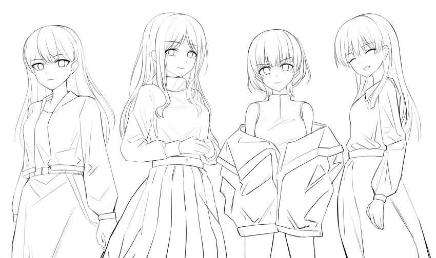 4girls :3 absurdres bang_dream! bang_dream!_it's_mygo!!!!! chihaya_anon chinese_commentary closed_eyes closed_mouth commentary_request greyscale highres jacket kaname_raana long_hair long_sleeves looking_at_viewer lu_guan monochrome multiple_girls nagasaki_soyo off_shoulder open_clothes open_jacket parted_lips pleated_skirt shiina_taki shirt shirt_tucked_in skirt sleeveless sleeveless_shirt smile