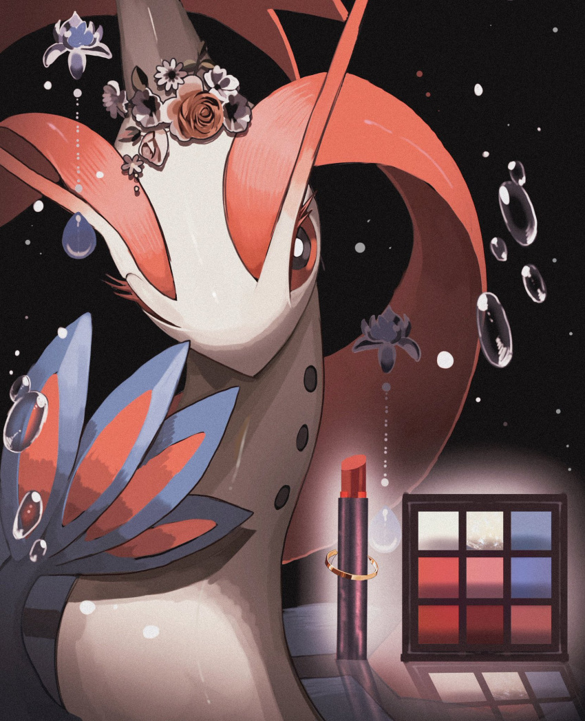 black_background close-up eyelashes fish flower flower_on_head highres lipstick looking_at_viewer makeup milotic one_eye_closed pokemon pokemon_(creature) reo_(mmocc123) simple_background solo water_drop