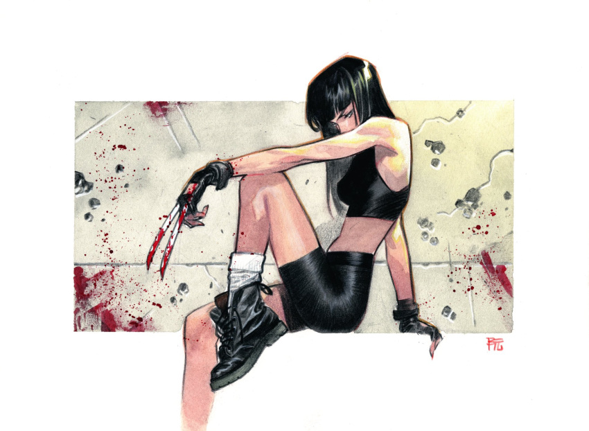 1girl animification black_hair blood claws dike_ruan gloves highres long_hair looking_at_viewer marvel shoes shorts solo sports_bra superhero_costume x-23 x-men