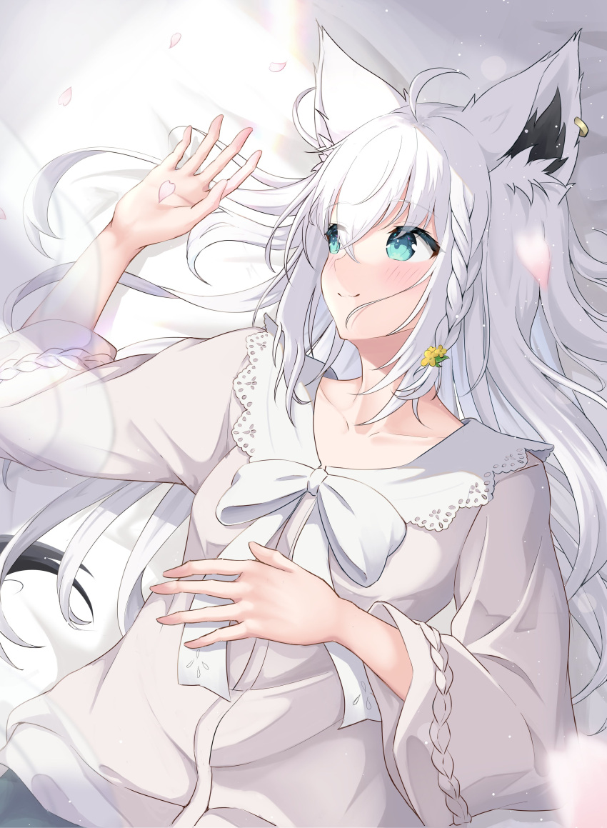 1girl absurdres ahoge animal_ear_fluff animal_ears aqua_eyes arm_up bed_sheet blush bow bowtie braid breasts closed_mouth collarbone commentary_request earrings falling_petals fox_ears fox_girl fox_tail hand_on_own_stomach highres hiragi_moka holding holding_petal hololive jewelry long_hair long_sleeves looking_to_the_side lying neckerchief official_alternate_costume on_back on_bed petals pink_petals shirakami_fubuki shirakami_fubuki_(3rd_costume) shirt side_braid sidelocks single_braid single_earring small_breasts smile solo tail virtual_youtuber white_bow white_bowtie white_hair white_neckerchief white_shirt wide_sleeves
