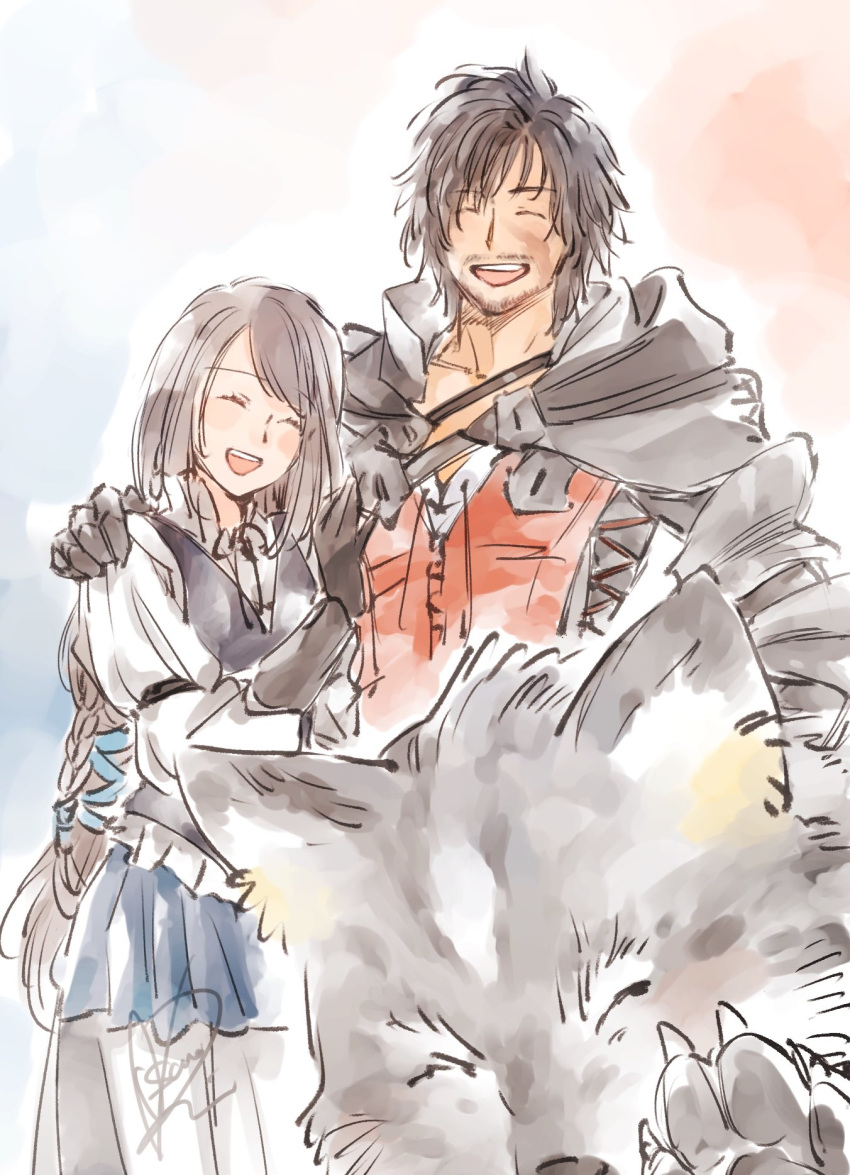 1boy 1girl arm_around_shoulder beard black_cape black_hair braid cape claws clive_rosfield closed_eyes dog facial_hair final_fantasy final_fantasy_xvi grey_fur grey_hair hand_on_another's_chest happy highres hood hooded_cape jill_warrick laughing leather_vest long_hair low-tied_long_hair open_mouth rin_asano scar scar_on_face single_braid smile torgal_(ff16)