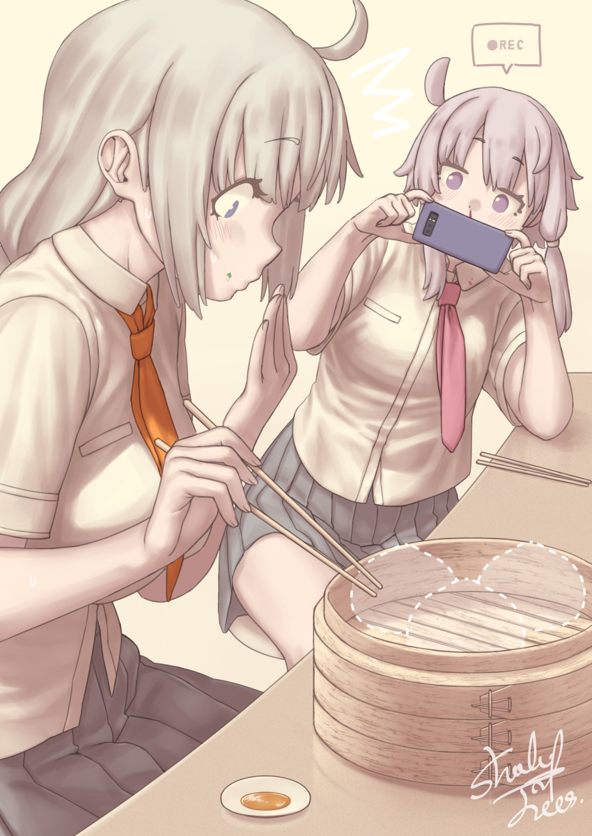 2girls ^^^ absurdres alternate_costume bamboo_steamer baozi blood blush breasts chopsticks closed_mouth collared_shirt dotted_line dress_shirt food food_on_face from_side grey_hair grey_skirt hand_to_own_mouth hand_up highres holding holding_chopsticks holding_phone kizuna_akari large_breasts leaning_to_the_side long_hair looking_down multiple_girls necktie nosebleed on_stool orange_necktie phone pink_necktie pleated_skirt profile recording reflective_table school_uniform shade_of_trees shirt short_hair_with_long_locks short_sleeves signature simple_background sitting skirt small_breasts violet_eyes voiceroid white_shirt yuzuki_yukari