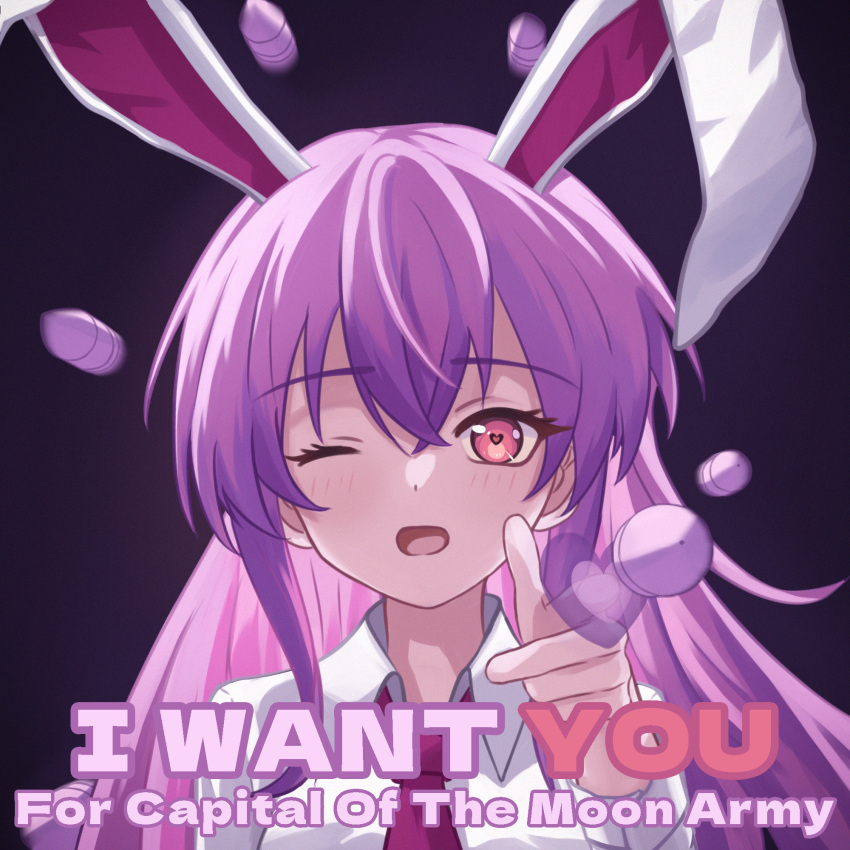1girl aiming aiming_at_viewer animal_ears bullet chunjiu collared_shirt crossed_bangs dot_nose english_text gradient_background hair_between_eyes heart heart-shaped_pupils highres light_blush long_hair looking_at_viewer motion_blur necktie one_eye_closed open_mouth pink_eyes purple_background purple_hair rabbit_ears rabbit_girl red_necktie reisen_udongein_inaba shirt sidelocks symbol-shaped_pupils text_focus touhou very_long_hair white_shirt