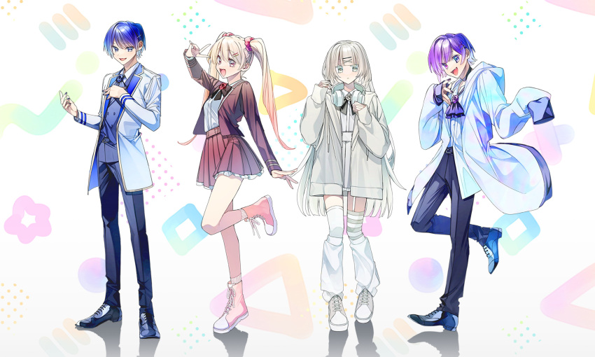 2boys 2girls :d absurdres ado_(utaite) anon._(suipote!) ascot asymmetrical_legwear azuma-kun_(suipote!) belt black_bow black_bowtie black_pants blonde_hair blue_ascot blue_eyes blue_hair blue_pants blue_vest blunt_bangs bow bowtie coat commentary fingernails flower full_body garter_straps green_eyes grey_hair hair_ornament hair_scrunchie hairclip hand_on_own_chest hand_up headphones headphones_around_neck highres imori_yuna_(suipote!) jacket leg_up leg_warmers long_hair long_sleeves looking_at_viewer mismatched_legwear multiple_boys multiple_girls nail_polish official_art open_mouth pants parted_lips pink_eyes pink_scrunchie pleated_skirt purple_ascot purple_hair rinku_(rin9) scrunchie shirt shoes short_hair silk_(suipote!) single_garter_strap single_sleeve_past_fingers skirt sleeves_past_wrists smile standing striped_clothes striped_thighhighs sweet_potato!_(utaite_group) thigh-highs twintails utaite v very_long_hair vest violet_eyes white_background white_headphones white_jacket white_shirt x_hair_ornament