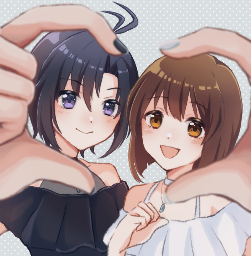 2girls absurdres ahoge antenna_hair black_dress black_hair black_nails blue_gemstone blush brown_eyes brown_hair clenched_hand closed_mouth collarbone commentary_request dot_nose dress gem grey_background hagiwara_yukiho hands_up heart heart_hands heart_hands_duo highres idol idol_clothes idolmaster idolmaster_(classic) jewelry kikuchi_makoto long_bangs looking_at_viewer matching_outfits medium_bangs multiple_girls nail_polish necklace off-shoulder_dress off_shoulder official_alternate_costume open_mouth parted_bangs pendant polka_dot polka_dot_background reverse_palettes shirako_(srk_srtk) short_hair smile straight_hair swept_bangs violet_eyes white_dress white_nails